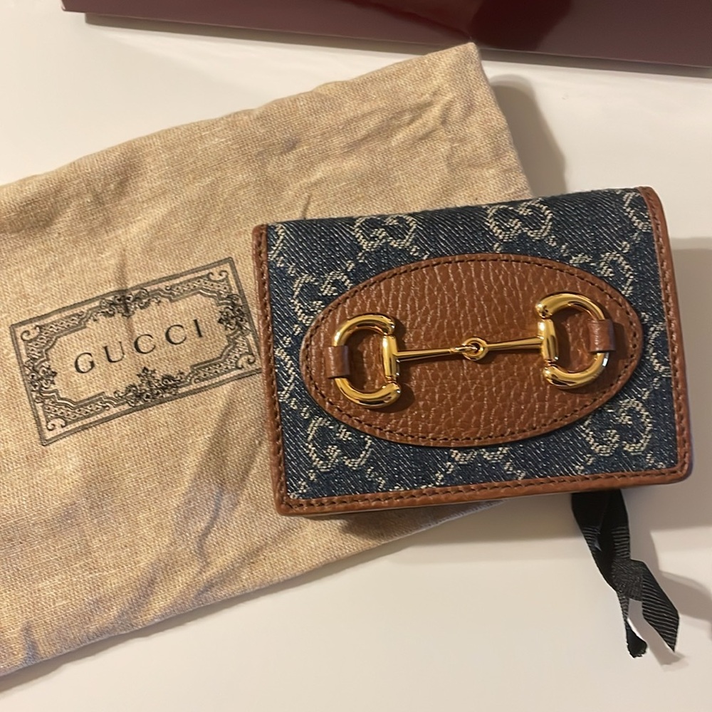 Gucci 1955 blue denim brown leather card holder - Picture 2 of 13